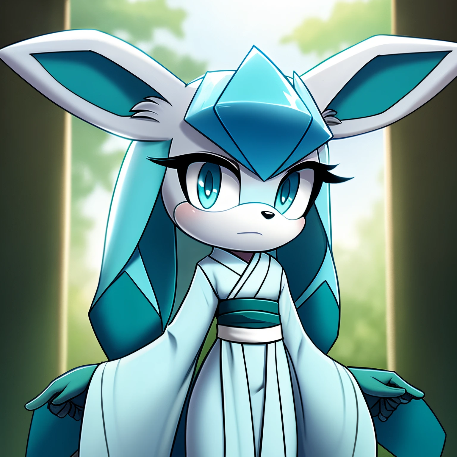 Female, mobian, Glaceon, teal eyes, furry, blank expression, white kimono dress with teal trims, white and teal sash belt, fuzzy hair, whitish light blue muzzle, whitish light blue fur