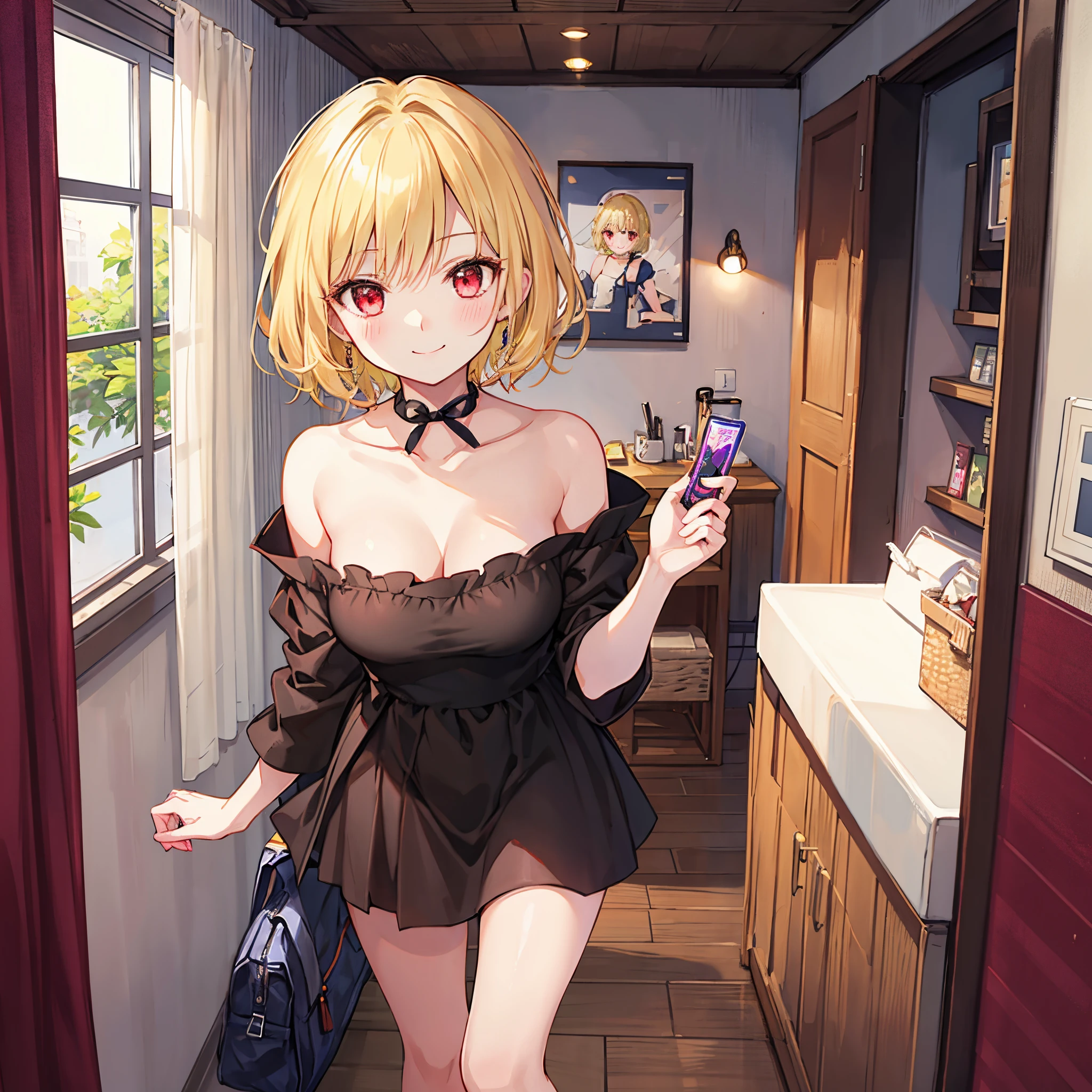 short blonde hair、one beautiful girl with red eyes、solo、Casual dress、off shoulders、a miniskirt、A smile、inside in room