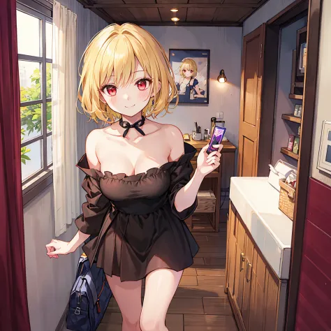 short blonde hair、one beautiful girl with red eyes、独奏、Casual dress、off shoulders、a miniskirt、A smile、inside in room