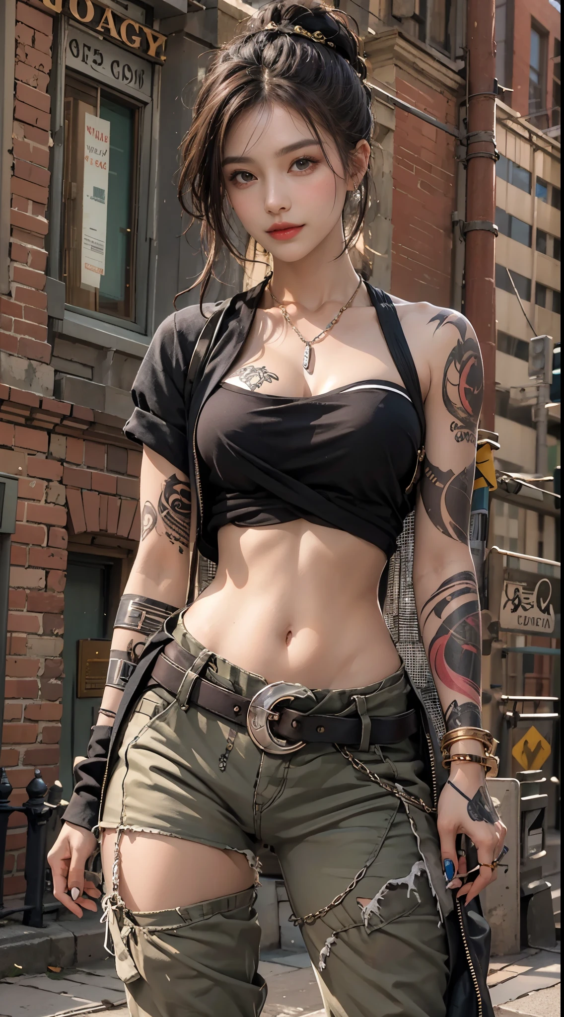 Photorealistic, High resolution, Soft light,1womanl, Solo, hips up high, (Detailed face),The tattoo, Jewelry, street wear, Beautiful Soldier, An eye that invites the viewer, Lover's perspective, inviting expression, Sexy smile, Perfect Style, Perfect balance, Detailed skin, Naughty gaze, Chest visible、full bodyesbian