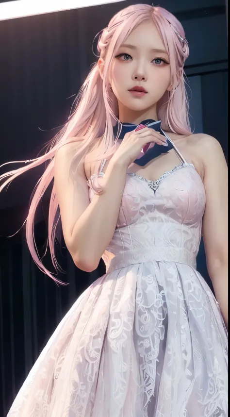 Realistic style, woman, oriental, 25 years old, long white hair with pink highlights, blue eyes, silver dress with pink and black details, singing on a stage