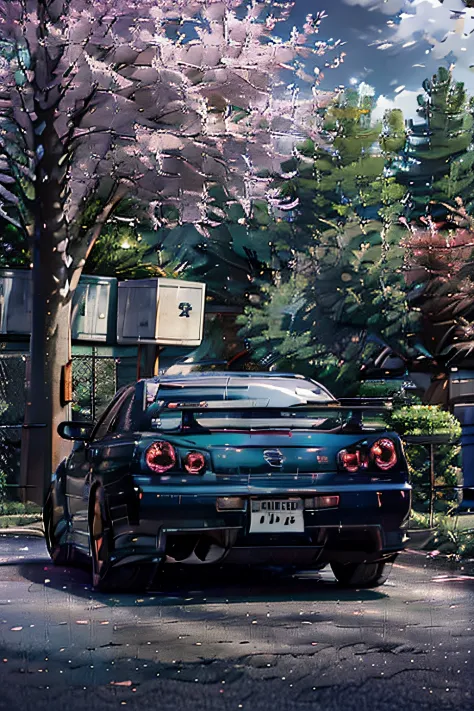 a nissan gtr driving on the road, nissan gtr r34, car color black, auntum season, leaves falls