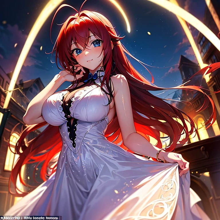 masterpiece, best quality, 1girl, long hair, looking at viewer, :3, cute, outdoors, streets, cowboy shot, large breasts, curvy, (((blue eyes))),  rias gremory, red hair, antenna hair,  wavy hair, ((beautiful detailed eyes, beautiful detailed glow, lots of glow)),