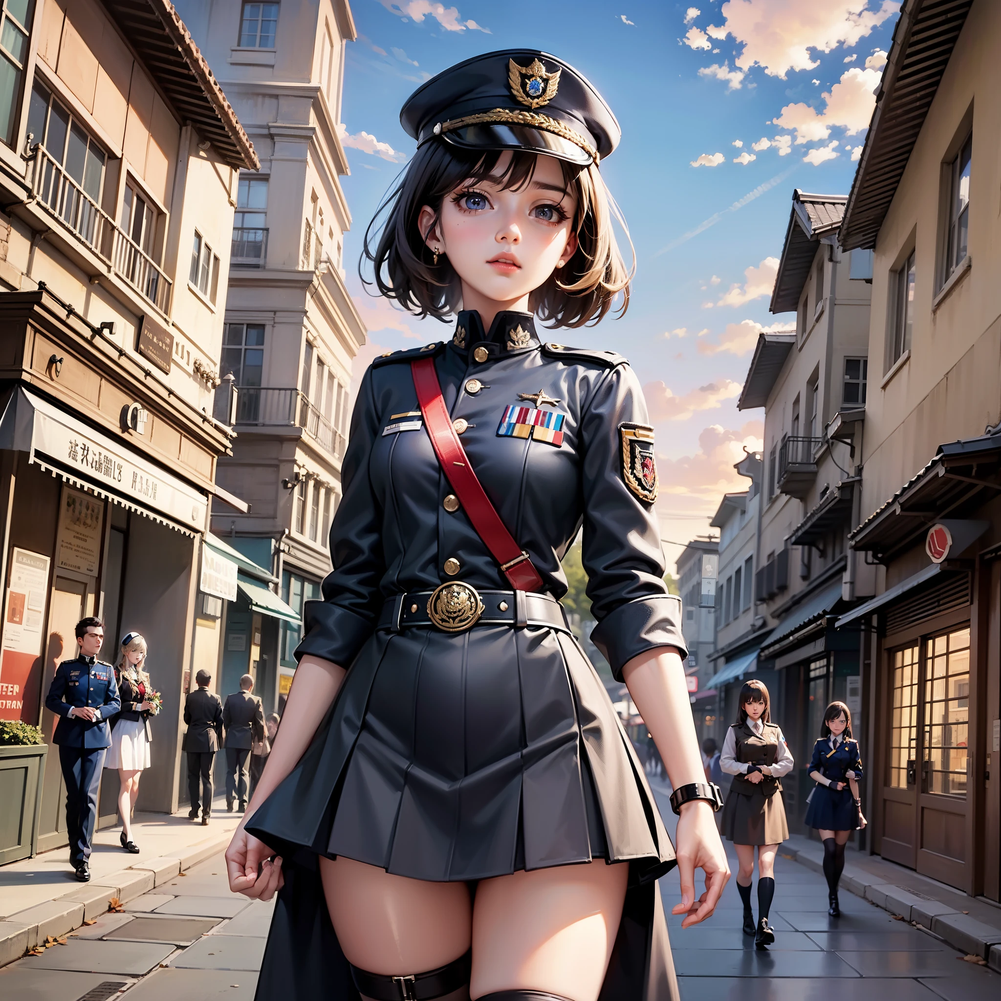 ((obra maestra)),(超Una alta resolución),(ultra detallado),Anime en su máxima expresión,Una ciudad moderna con detalles detallados y detallados.,((Personal militar femenino),(Insignias,Uniforme militar con medallas.),faldas ajustadas)