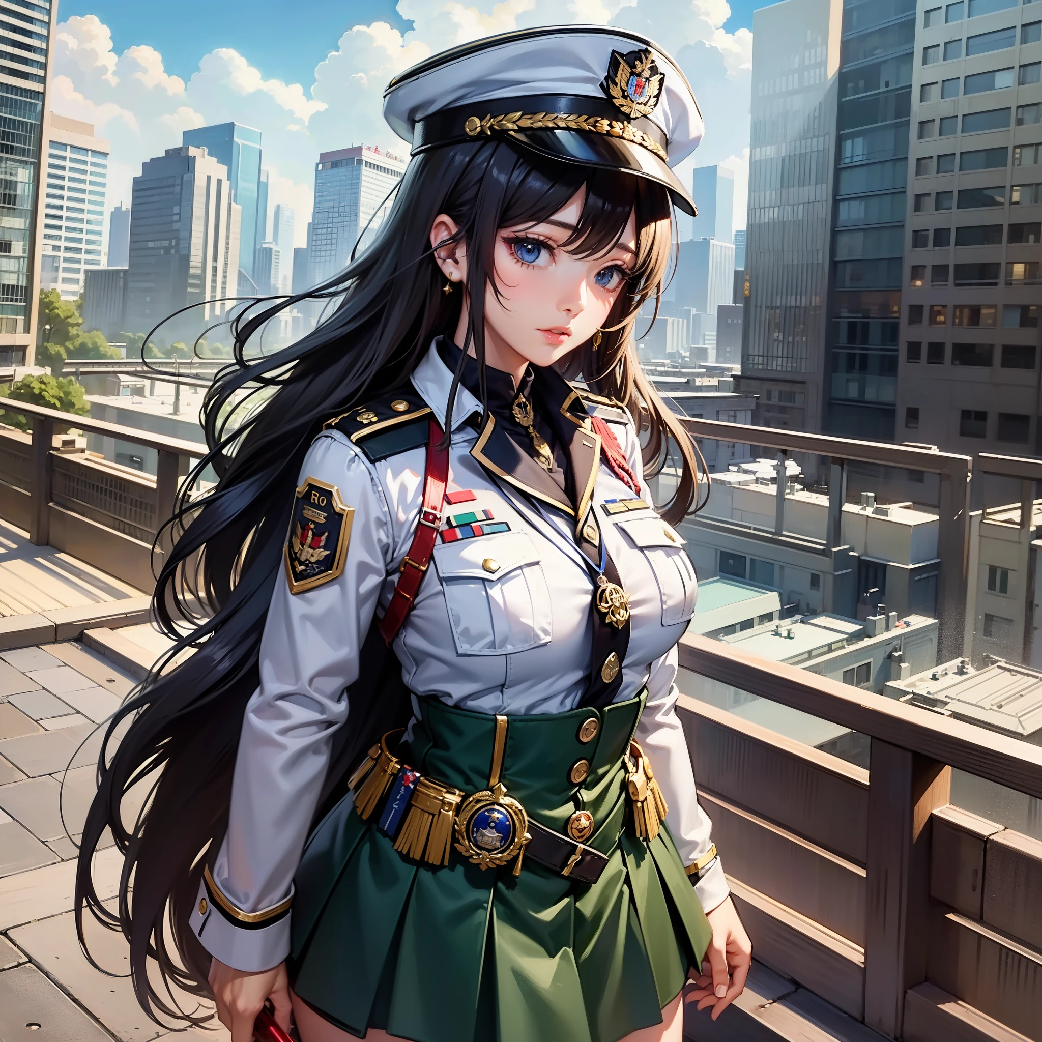 ((Masterpiece)),(超A high resolution),(ultra-detailliert),Anime at its best,A modern city with detailed and detailed details,((Female Military Personnel),(badges,Military uniform with medals),tight skirts)