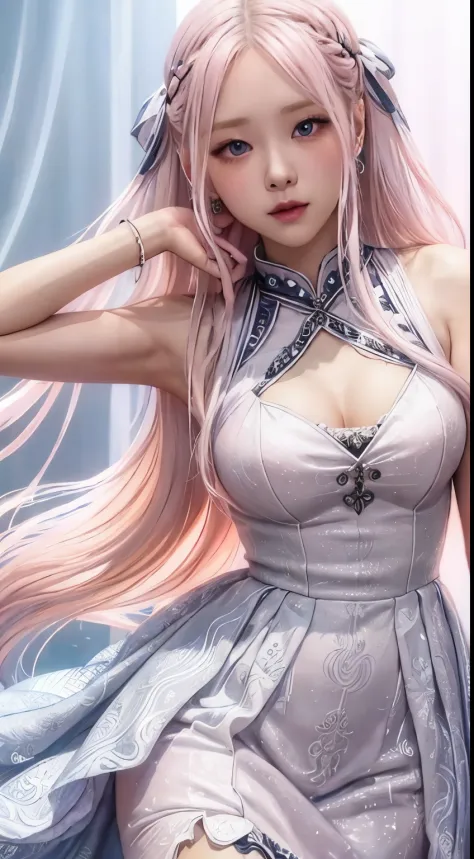 Realistic style, woman, oriental, 25 years old, long white hair with pink highlights, blue eyes, silver dress with pink and black details, singing on a stage