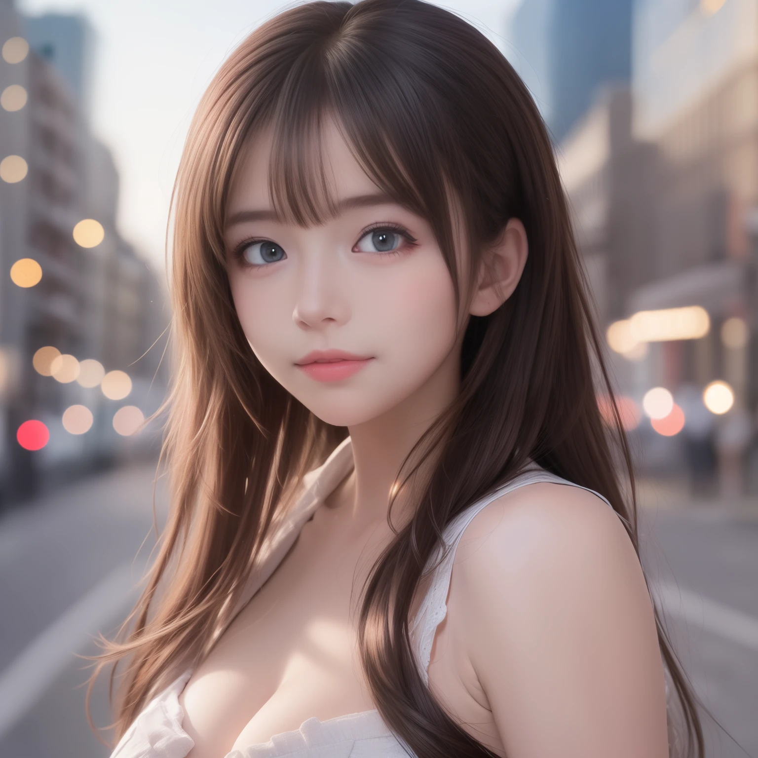 (8k raw photos, highest quality, masterpiece, 8k-UHD), (realistic, photorealistic: 1.37), (anatomically accurate and realistic skin), ultra high resolution, depth of field, film lighting, film grain, very cute 16 year old girl, tips, red eyes, long eyelash, bags under the eyes, cute face, very detailed eyes and hair, skin with beautiful details, happy smile, brown hair, thick bangs, shiny hair, curly, urban, cityscape,