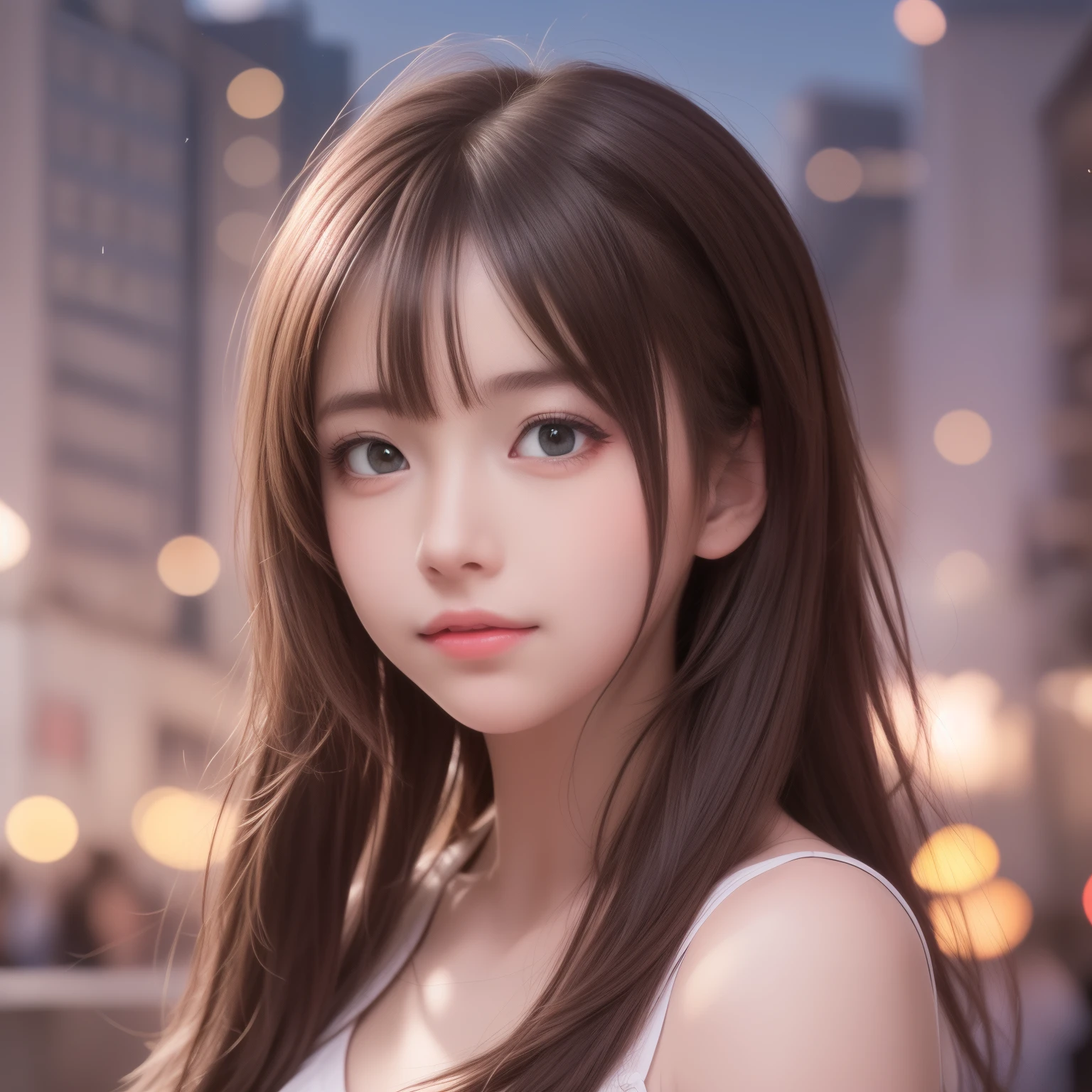 (8k raw photos, highest quality, masterpiece, 8k-UHD), (realistic, photorealistic: 1.37), (anatomically accurate and realistic skin), ultra high resolution, depth of field, film lighting, film grain, very cute 16 year old girl, tips, red eyes, long eyelash, bags under the eyes, cute face, very detailed eyes and hair, skin with beautiful details, happy smile, brown hair, thick bangs, shiny hair, curly, urban, cityscape,