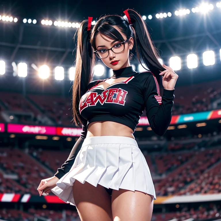 Only one european woman, 30 years old, There's an Adult Woman in a Stadium, wearing Black Cheerleader uniform, White Skirt , High Socks, Glasses, Dark Hair, Red Lips, Shadow eye, Slutty Makeup, twintails, beautiful chest, Big , Clivage, Second life avatar, Beautiful screenshot, Second life, seductive woman, high quality, Very detailed skin