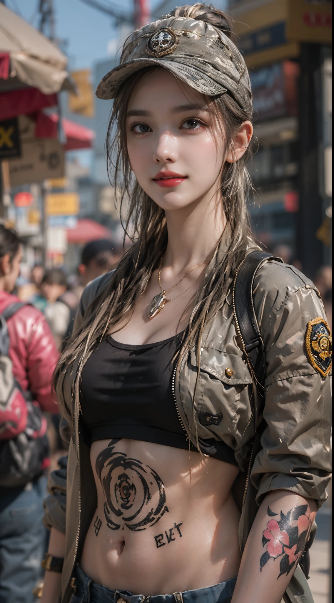 Photorealistic, High resolution, Soft light,1womanl, Solo, hips up high, (Detailed face),The tattoo, Jewelry, street wear, Beautiful Soldier, An eye that invites the viewer, Lover's perspective, inviting expression, Sexy smile, Perfect Style, Perfect balance, Detailed skin, Naughty gaze, Chest visible