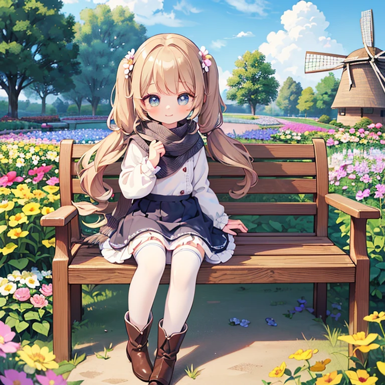 master piece , best quality，wallpaper 8k CG, hyper quality, the best ，1girl,solo，seductive smile，
(in Flower garden, colorful flower garden,landscape of flowers:1.5),( blue sky, cumulonimbus), (windmill:1.3),(wooden bench:1.2),(many flowers are blooming:1.3),（peplum jacket)，tulle skirt
intricate detail, whole body, Girls' Front, Close up focus, petite, long hair blown up, curly hair, Air bangs, beautiful and detailed loong tail, twintails, light brown hair, beautiful detailed hair, lovely big eyes, normal hands, flat chest, zettai ryouiki, scarf, boots,