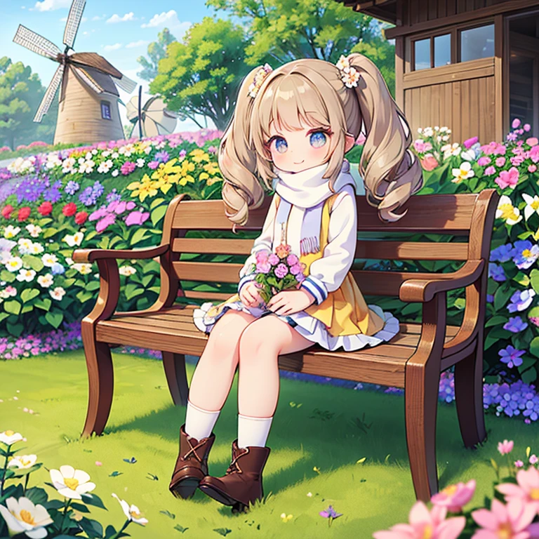 master piece , best quality，wallpaper 8k CG, hyper quality, the best ，1girl,solo，seductive smile，
(in Flower garden, colorful flower garden,landscape of flowers:1.5),( blue sky, cumulonimbus), (windmill:1.3),(wooden bench:1.2),(many flowers are blooming:1.3),（peplum jacket)，tulle skirt
intricate detail, whole body, Girls' Front, Close up focus, petite, long hair blown up, curly hair, Air bangs, beautiful and detailed loong tail, twintails, light brown hair, beautiful detailed hair, lovely big eyes, normal hands, flat chest, zettai ryouiki, scarf, boots,