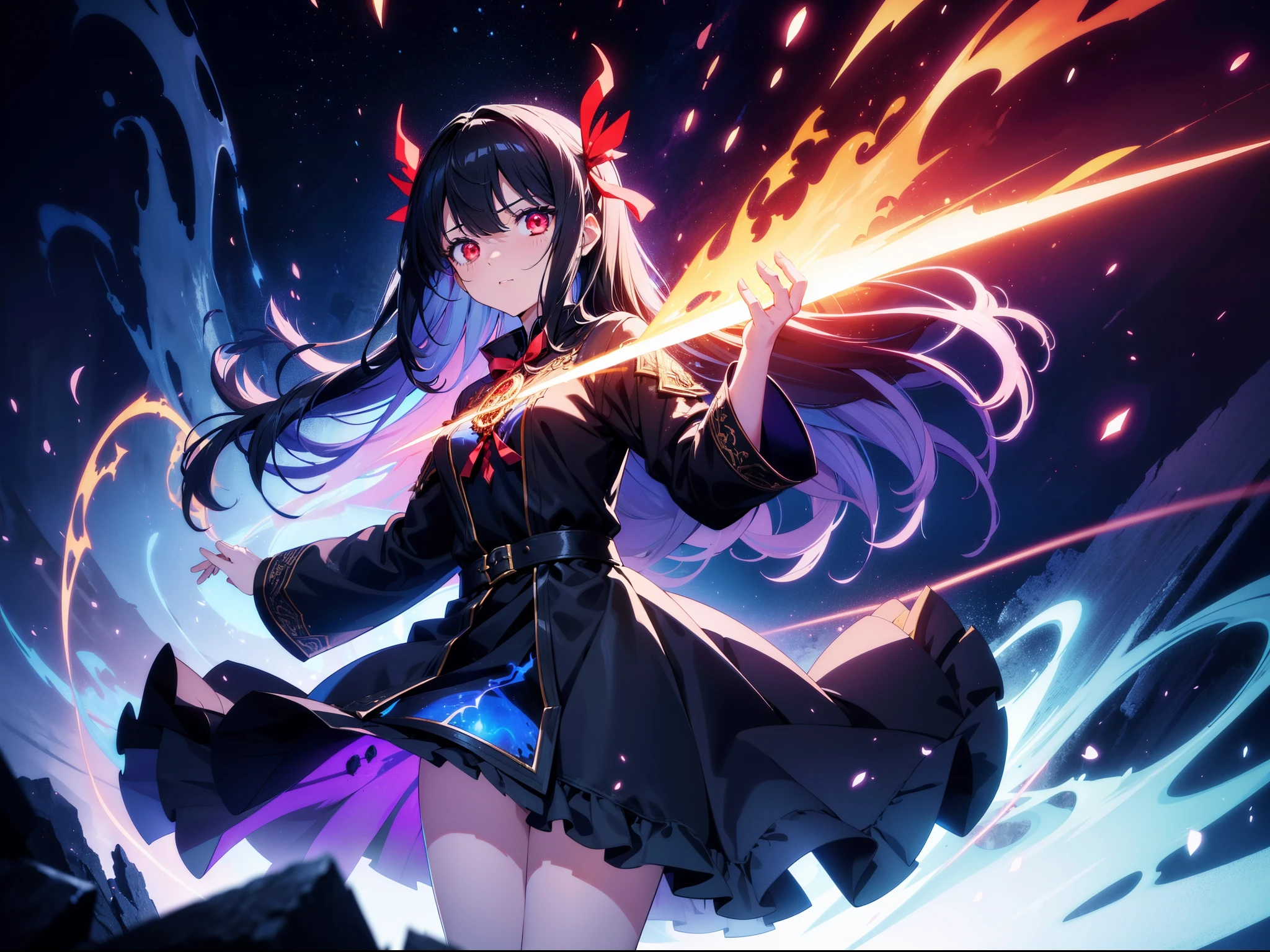 1 loli girl , standing, holding spell book, (clothed in blue flames) ,((dark lighting)) ,concept art, fantasy art, cinematic lighting , cinematic angle , (rape face) ,black long straight hair, black hair, hair ribbon , red eyes,black dress, (glowing eyes), (((horror))) , high resolution,(incredibly absurdres) ,extremely detailed CG unity 8k wallpaper, ((masterpiece)), ((top-quality)), (beautiful illustration,background Tento), ((an extremely delicate and beautiful))