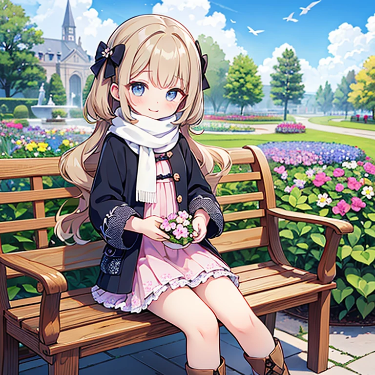 ​master piece , Best Quality，Wallpaper 8k CG, hyper quality, The best ，1girl in,Solo，Seductive smile，
(in Flower garden, Colorful flower garden,Floral scenery:1.5),( Blue sky, cumulonimbus clouds), (pinwheel:1.3),(Wooden bench:1.2),(Many flowers are blooming:1.3),(Lots of birds fly in the sky),（Peplum jacket)，Intricate details on tulle skirt, Whole body, Girls Front, Close-up focus, Petite, long hair blown up, Curly hair, Air bangs, Beautiful and detailed rune tails, Twin-tailed, light brown hair, beautiful detailed hair, lovely big eyes, normal hands, flat chest, zettai ryouiki, scarf, long boots,