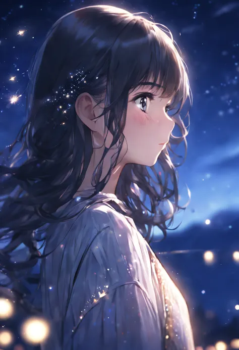 side face focus, eyes focus, cute, masterpiece, best quality, sharp focus, UHD, 1girl, Black hair, looking at the night sky, spa...