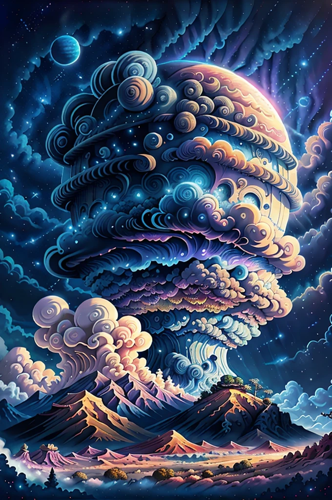 Illustration der Jupiterwolken von Dan Mumford, fremde Landschaft und Vegetation, epische Szene, viele wirbelnde Wolken, hohe Belichtung, sehr detailliert, realistisch, lebendige blau getönte Farben, uhd