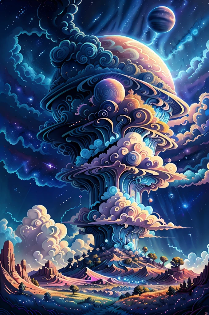 illustration of jupiter clouds by dan mumford, alien landscape and vegetation, epic scene, a lot of swirling clouds, high exposure, highly detailed, realistic, vibrant blue tinted colors, uhd