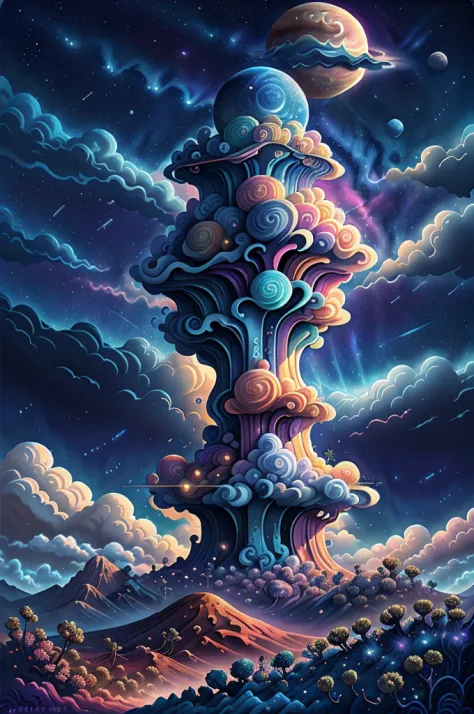 illustration of jupiter clouds by dan mumford, alien landscape and vegetation, epic scene, a lot of swirling clouds, high exposu...