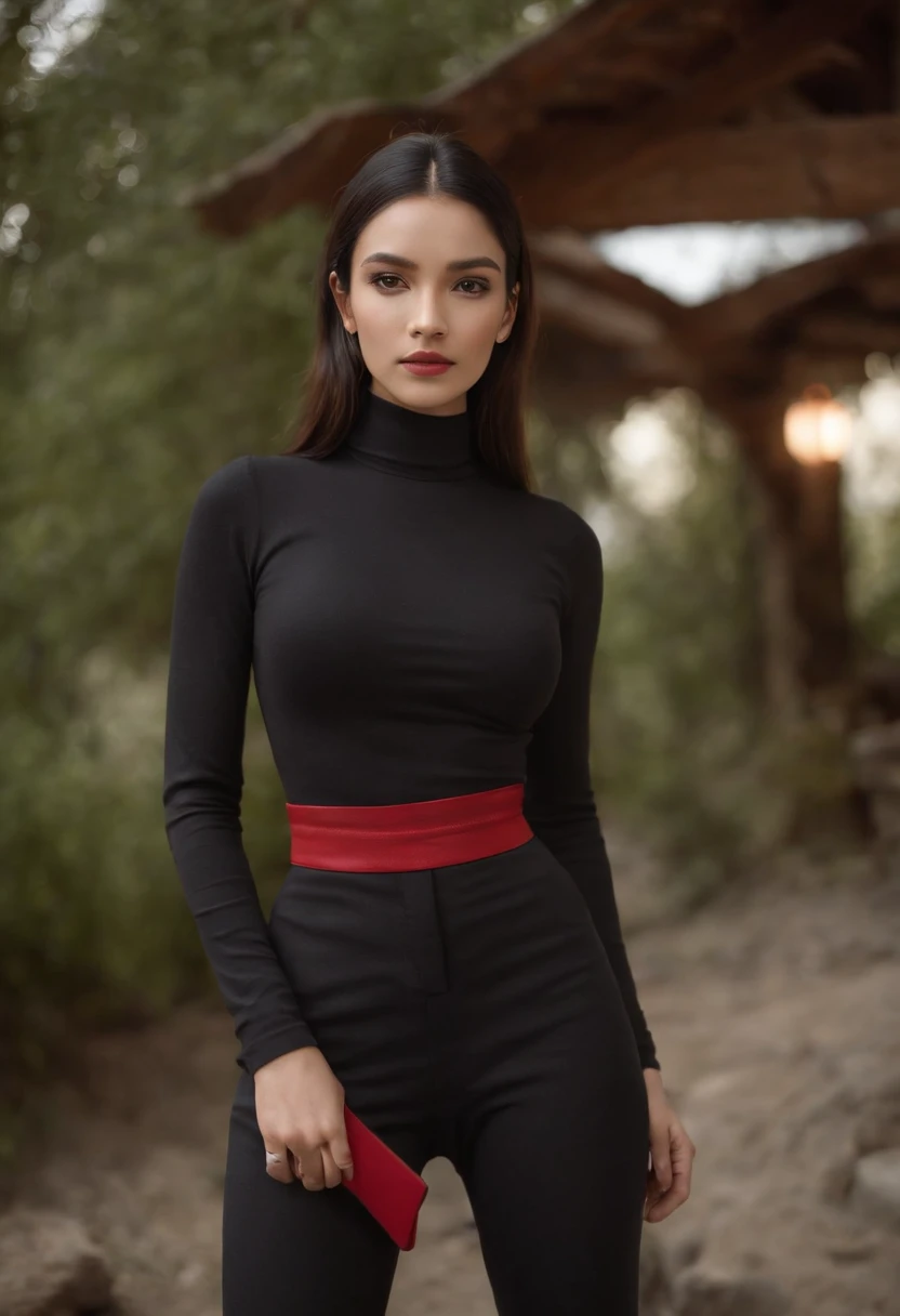 Emilicia Gomez, tall, Gorgeous, Spanish descent, Age 23, Smooth skin, Black hair. Turtleneck of red color, Black Fitting Pants, Simple Silver Cross Necklace, Work in an underground base, Highly detailed, 发光,  8K, Checking artifacts, holding a long whip. Amazing detail,