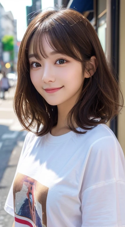 (top-quality,8K picture quality,​masterpiece:1.3,),(超A high resolution:1.3,Photorealsitic:1.4,Raw photography:1.2),(ultra-detailliert:1.2,shinny skin,Detailed skin:1.1),(Detailed face,Perfect Anatomy,Caustics:1.2),女の子1人,kawaii,japanes,22year old,Japanese ido,Natural brown hair,Curl short hair outwards,Pretty eyes,natural make up,Oversized T-shirt,A smile,Looking at the camera,up on the face,Face Focus,street corner,Professional Writing,natural soft light,