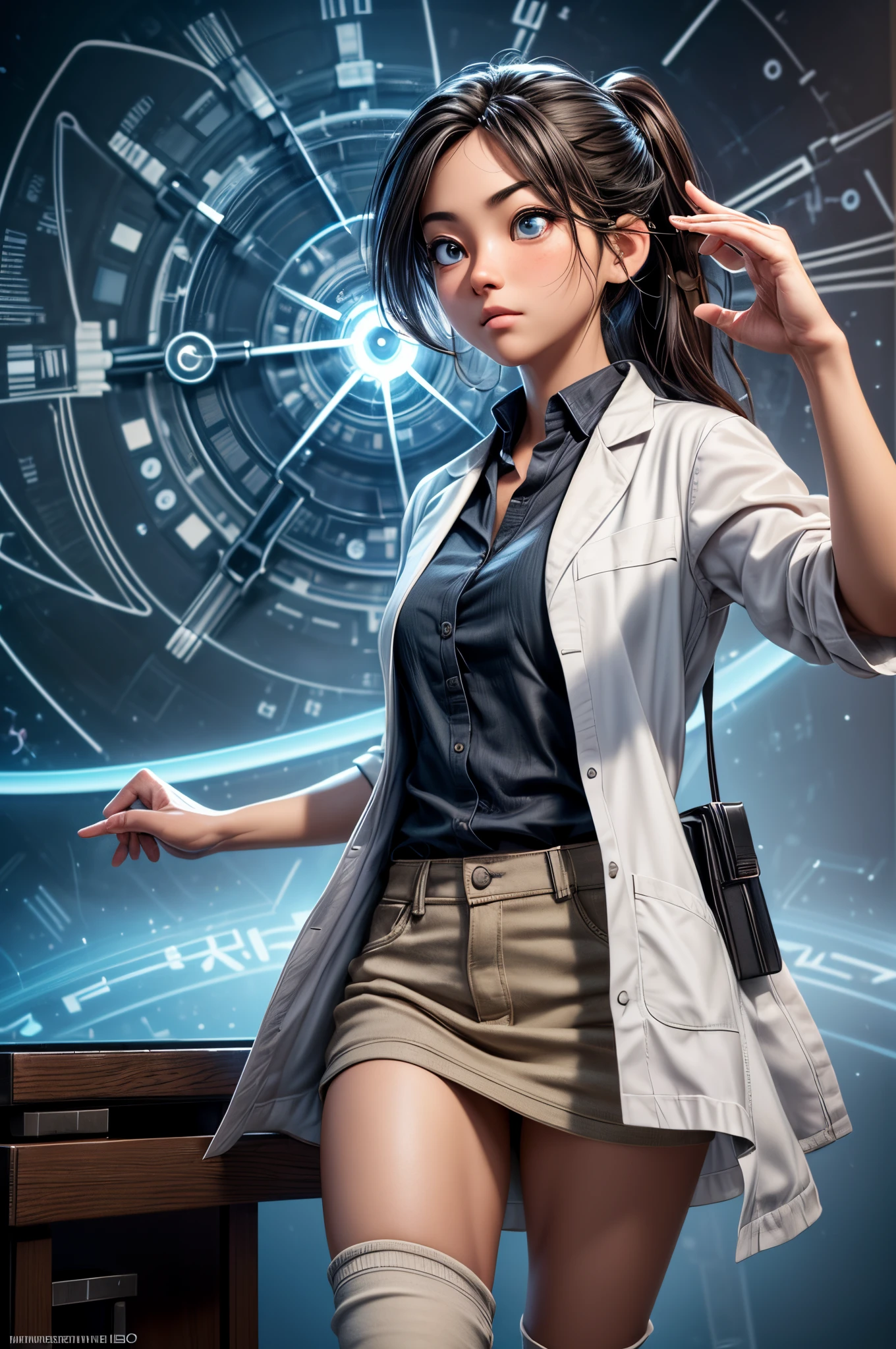 (best quality,4k,8k,high res,masterpiece:1.2),ultra-detailed,(realistic, photorealistic,photo-realistic:1.37), wild-eyed,crazy-looking scientist, 20-30-year-old asian female , full body, detailed lips, detailed eyes, detailed nose, flowing ponytail, explaining, time travel equations, board, elaborate diagrams, multiple equations, scientific symbols, old-fashioned blackboard, chalk dust, faded handwriting, "flux capacitor", frustrated expression,disheveled hair, white lab coat, intense focus,messy surroundings, creativity flowing, professorial persona, lots of energy,enthusiasm,passionate gestures,engaging storytelling,vibrant personality, thought-provoking ideas,deep understanding, curiosity,scientific community,discovery of the century,revolutionary breakthrough, changing the world,practical demonstrations,physical models,future technologies,flying cars,time machines,parallel universes,grand vision,unanswered questions,endless possibilities,scientific legacy, "updated Back to the Future vibes", detailed perfect hands