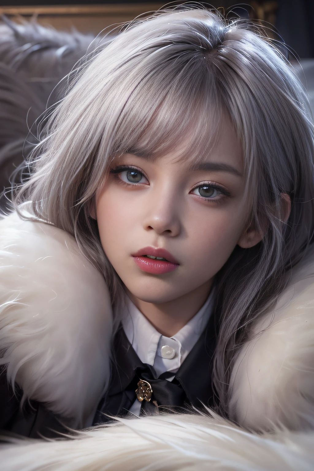 Portrait photo of a girl, Photorealistic, High resolution, 1 Women, Solo, waist-up, Beautiful eyes, Close lips, Detailed face, White hair, Long hair, Collared shirt, black necktie,Black skirt, pencil skirts, Fur coat, Stockings、(Woman lying with her head up on a fur bed）