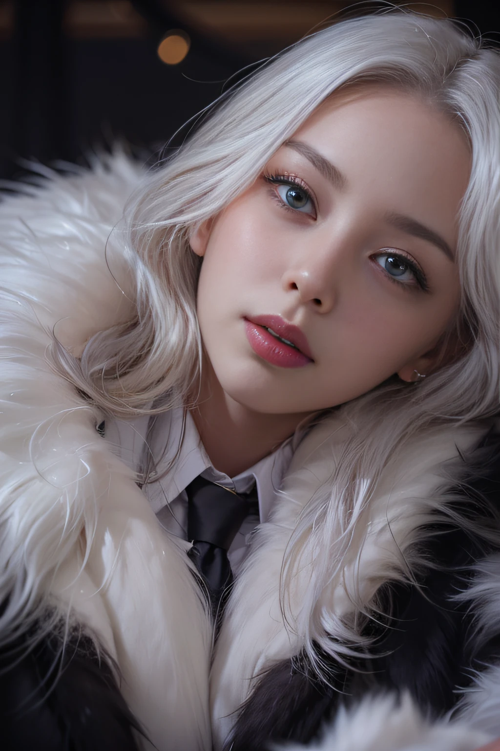 Portrait photo of a girl, Photorealistic, High resolution, 1 Women, Solo, waist-up, Beautiful eyes, Close lips, Detailed face, White hair, Long hair, Collared shirt, black necktie,Black skirt, pencil skirts, Fur coat, Stockings、(Woman lying with her head up on a fur bed）