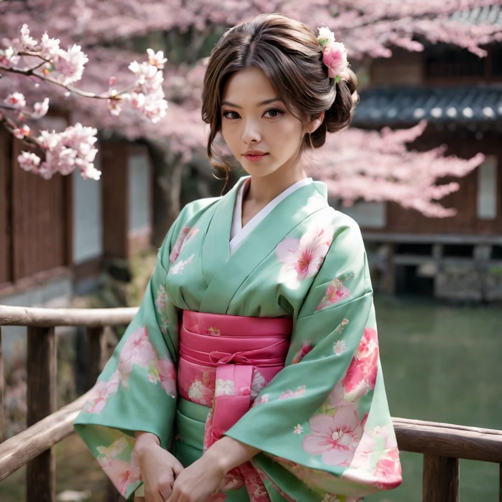 uma mulher em um quimono rosa com faixa verde, a pastry by Shūbun Tenshō, Tumblr, sōsaku hanga, Roupas yukata, Roupas elegantes de yukata, Roupas japonesas, kimono japanese, quimono, classic kimono, quimono hakama, traditional japanese, usando um haori, Roupas tradicionais de gueixas, em quimono