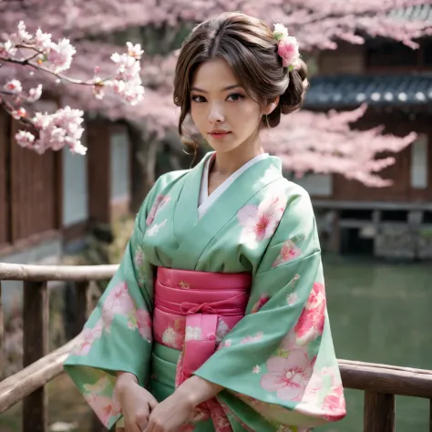 uma mulher em um quimono rosa com faixa verde, a pastry by Shūbun Tenshō, Tumblr, sōsaku hanga, Roupas yukata, Roupas elegantes ...
