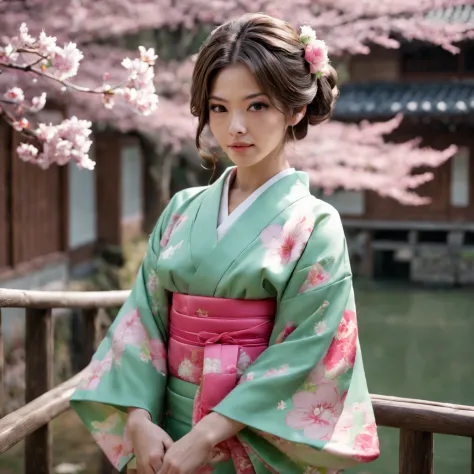 uma mulher em um quimono rosa com faixa verde, a pastry by shūbun tenshō, tumblr, sōsaku hanga, roupas yukata, roupas elegantes ...