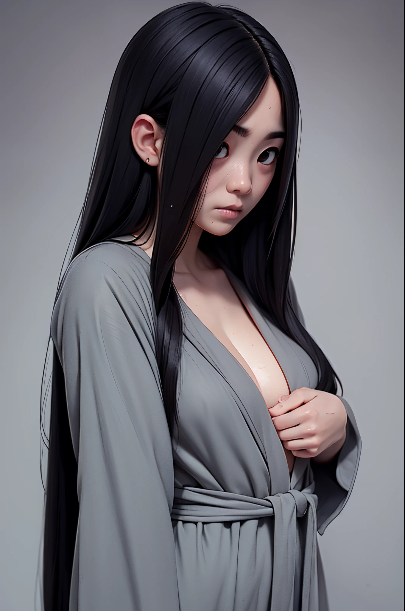 Sadako, encharcado, Roupão molhado, pele de cor cinza, O cabelo cobre o rosto, sexy para.