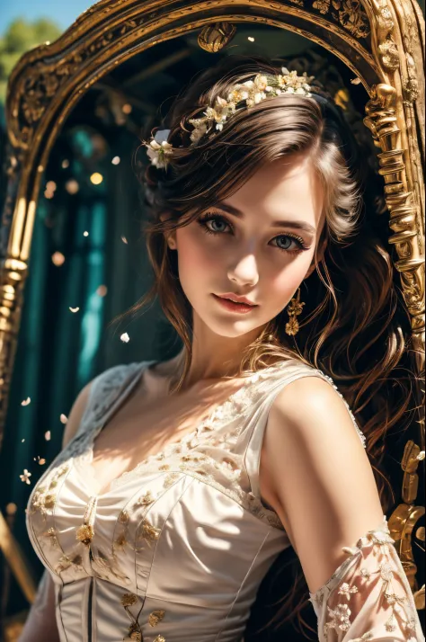 (best quality,highres,masterpiece:1.2),ultra-detailed,realistic,portrait,a beautiful woman, a Victorian carriage, lush scenery, ...