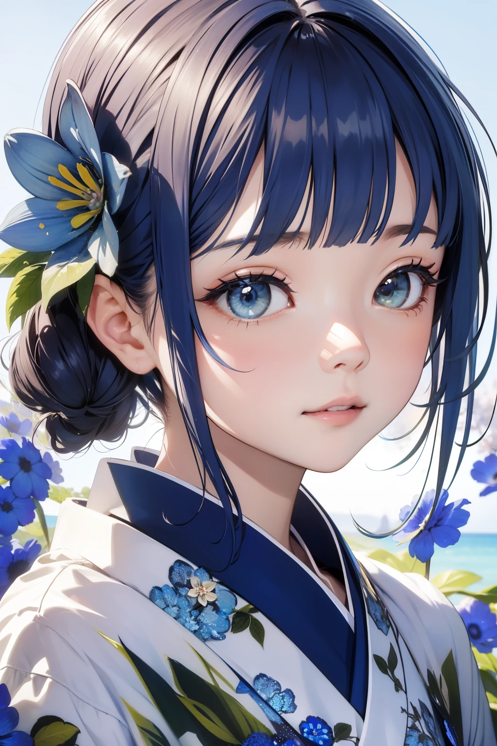 (((horizon blue flower:1.3)))、Best Quality, masutepiece, High resolution,cowboy  shot、 (((1girl in))), sixteen years old,(((i am horizon blue:1.3)))、horizon blue kimono、 Tindall Effect, Realistic, Shadow Studio,Ultramarine Lighting, dual-tone lighting, (High Detail Skins: 1.2)、Pale colored lighting、Dark lighting、 Digital SLR, Photo, High resolution, 4K, 8K, Background blur,Fade out beautifully、horizon blue world