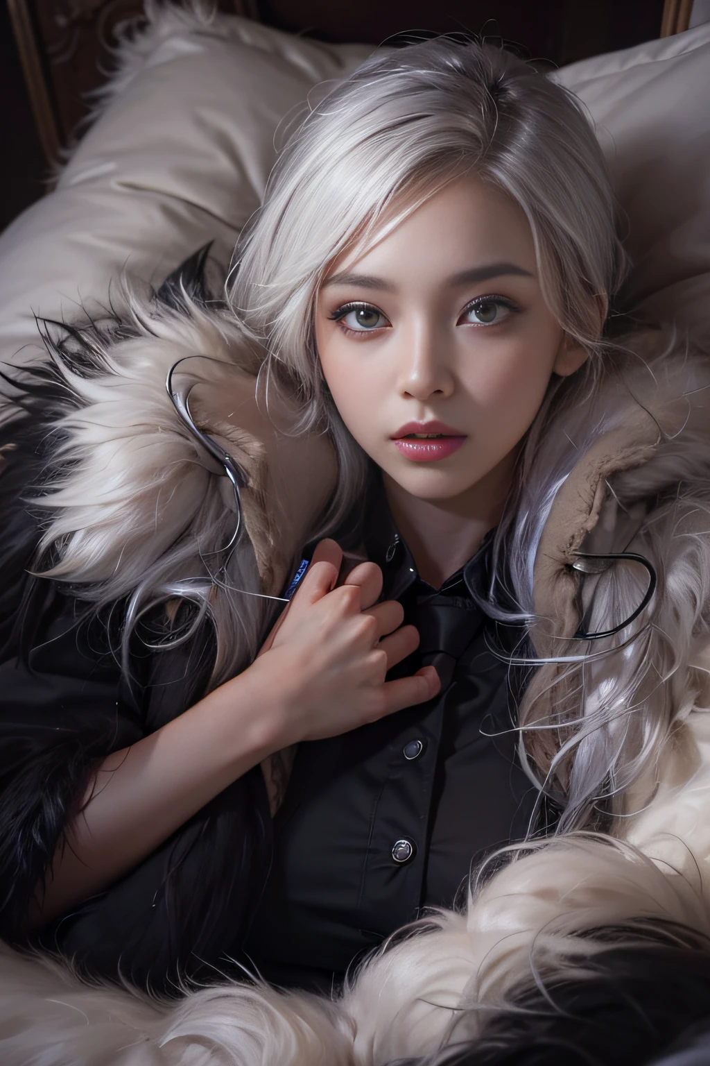 Portrait photo of a girl, Photorealistic, High resolution, 1 Women, Solo, waist-up, Beautiful eyes, Close lips, Detailed face, White hair, Long hair, Collared shirt, black necktie,Black skirt, pencil skirts, Fur coat, Stockings、(woman lying on a fur bed）、Shyness