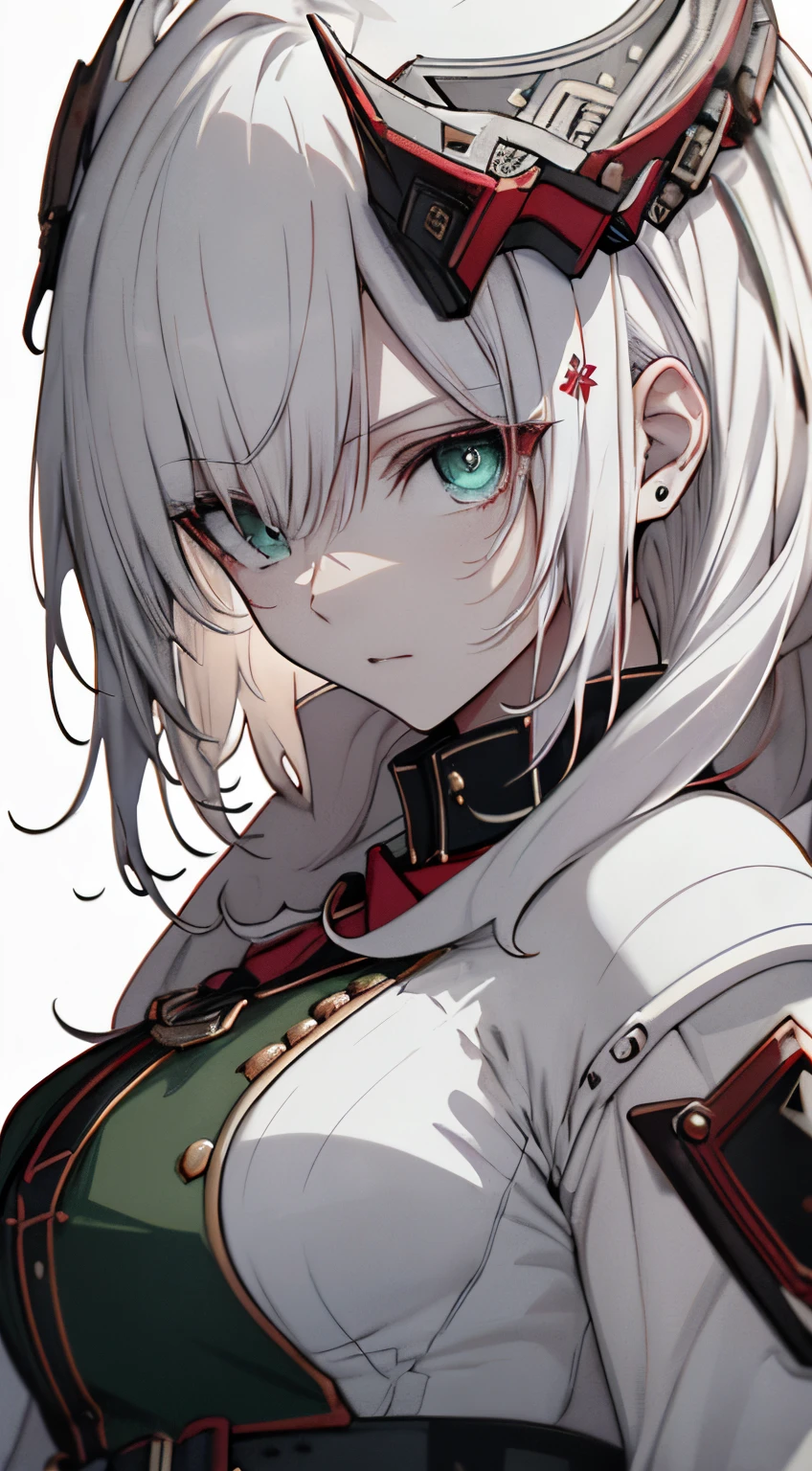 Full body, White one-piece military uniform,(masutepiece:1.2, Best Quality), (finely detailed beautiful eye: 1.2), (beautifull detailed face), High contrast, (Best Illumination, extremely delicate and beautiful), ((Cinematic Light)), Dramatic light, Intricate details, emeraldgreen eyes, Belt under 、White military uniform, White skirt,Wine red hair, (Pale white background:1.5),  Black tie