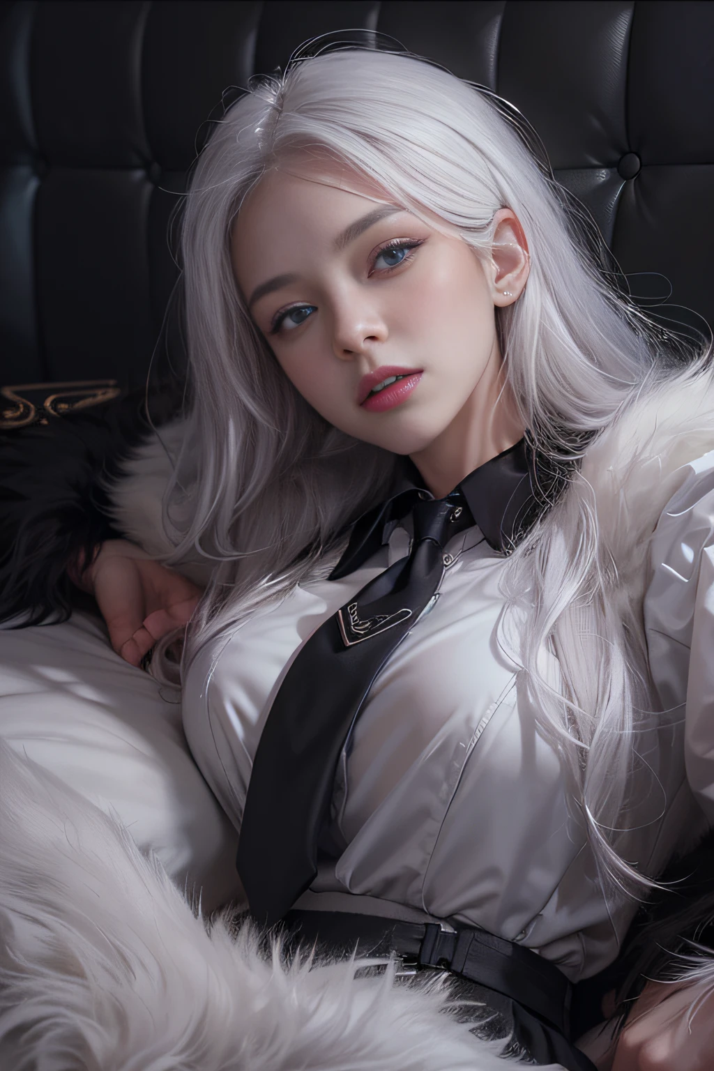 Portrait photo of a girl, Photorealistic, High resolution, 1 Women, Solo, waist-up, Beautiful eyes, Close lips, Detailed face, White hair, Long hair, Collared shirt, black necktie,Black skirt, pencil skirts, Fur coat, Stockings、(woman lying on a fur bed）、Shyness