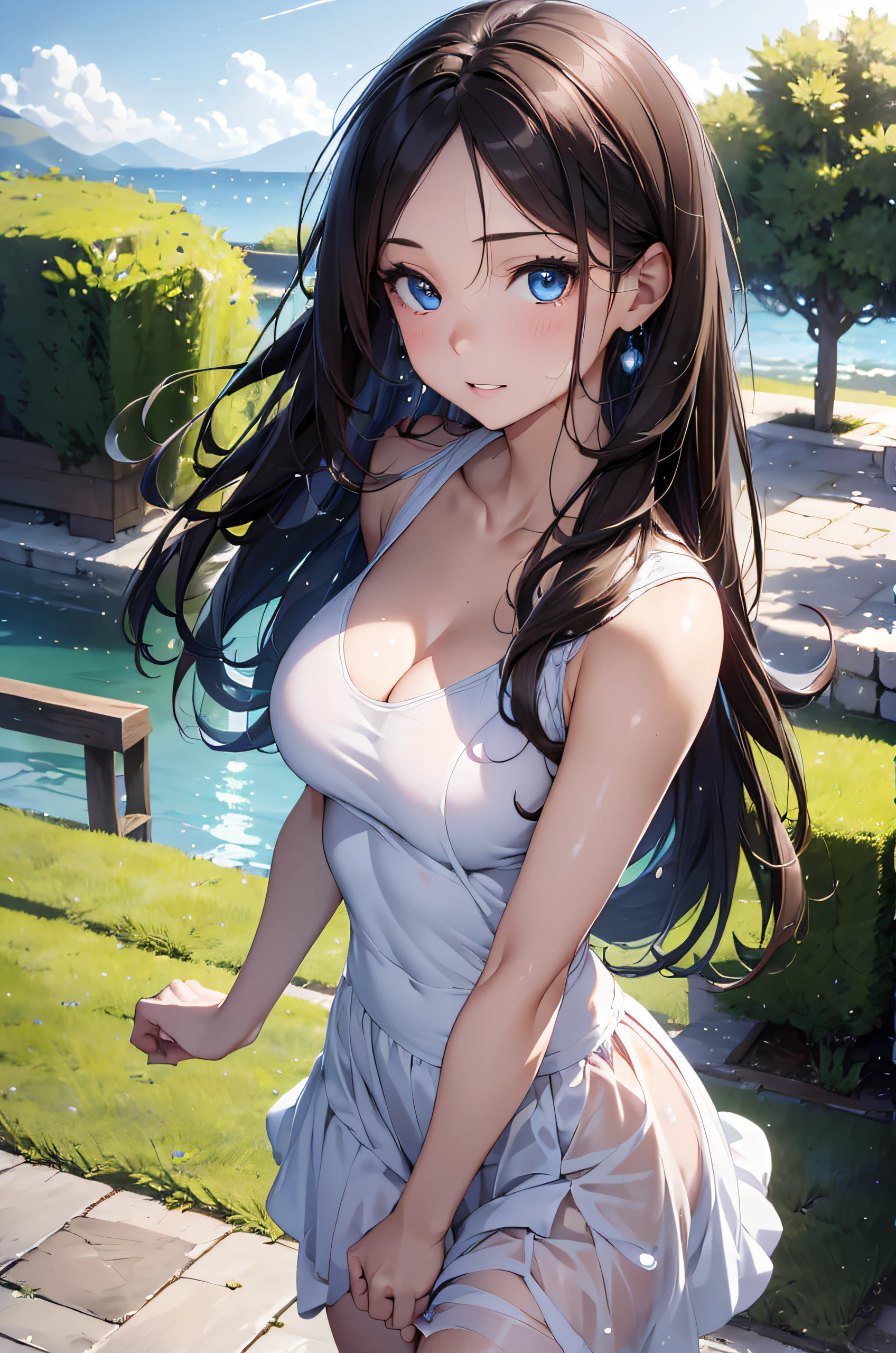 (Best Quality,4K,8K,hight resolution,masutepiece:1.2),Ultra-detailed,(Realistic,Photorealistic,Photorealsitic:1.37),Female, 20 years old,Eyes and faces with detailed,Long Wave Hair、dark brown hair、White Tennis Wear、pleatedskirt、long eyelashes,Beautiful detailed lips,Soft pastel colors,Studio Lighting,Garden background,,subtle water droplets on her skin,Hair that flutters in the wind、beautiful colored lake、captivating blue eyes,