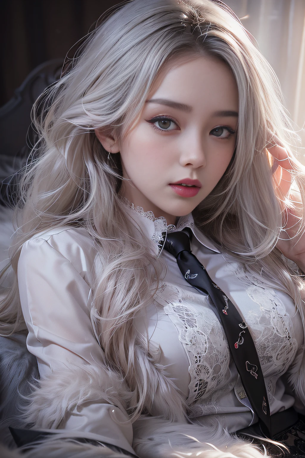 Portrait photo of a girl, Photorealistic, High resolution, 1 Women, Solo, waist-up, Beautiful eyes, Close lips, Detailed face, White hair, Long hair, Collared shirt, black necktie,Black skirt, pencil skirts, Fur coat, Stockings、(woman lying on fur bed）Full Body Angle、((Black lace panties are visible))、