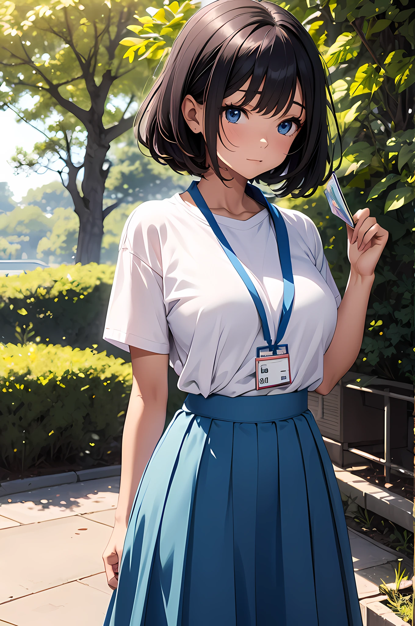 Femme coquine, 12 ans, Porter un uniforme, jupe bleu, Jupe longue, porter un t-shirt, t-shirt blanc, caché, porter une lanière, Titulaire d&#39;une pièce d&#39;identité, Fermer, parc, nature, nature parc, animé, animé movie