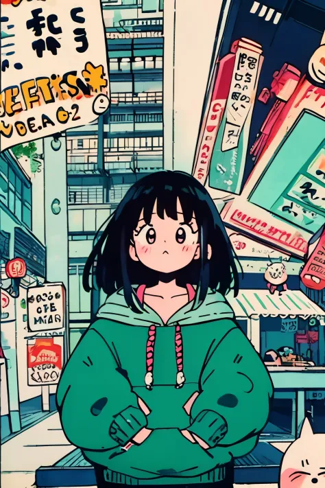 ​masterpiece、8K、32K、top-quality、(A cute Japanese woman:1.3)、detail portrayal、1 girl in、elegent、23years old、(Black hair bangs)、(Food Hoodie:1.35)、cityscapebackground、Four-headed body