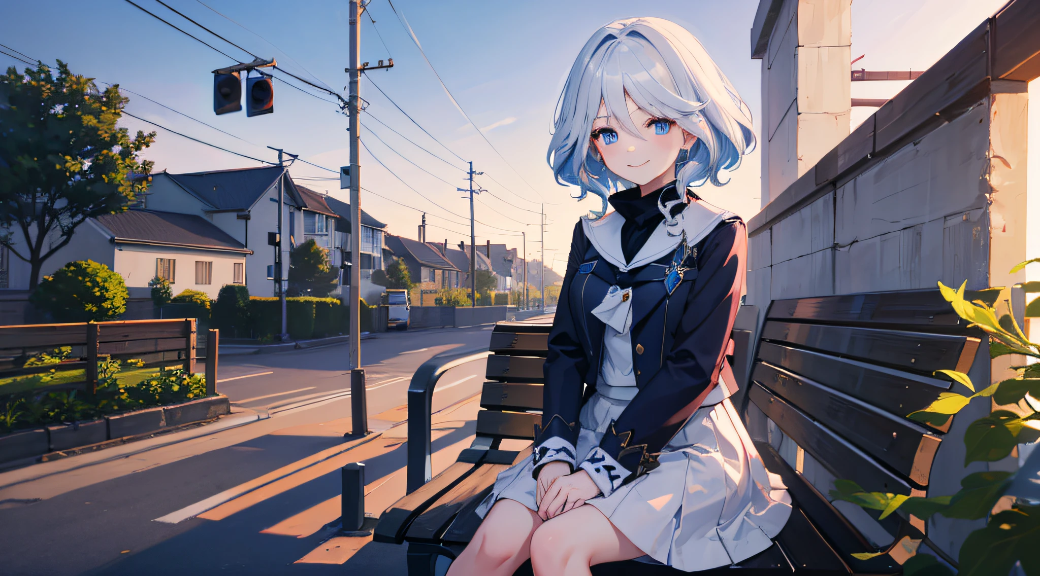 1girl, Best Quality 8K, 1girl, furina \(genshin impact\), white hair, blue eyes, whte dress, white skirt, white sailor collar, white scarf, sitting on bench, hands on the lap, blue sky, sunset, outdoors, smile. look at viewers,