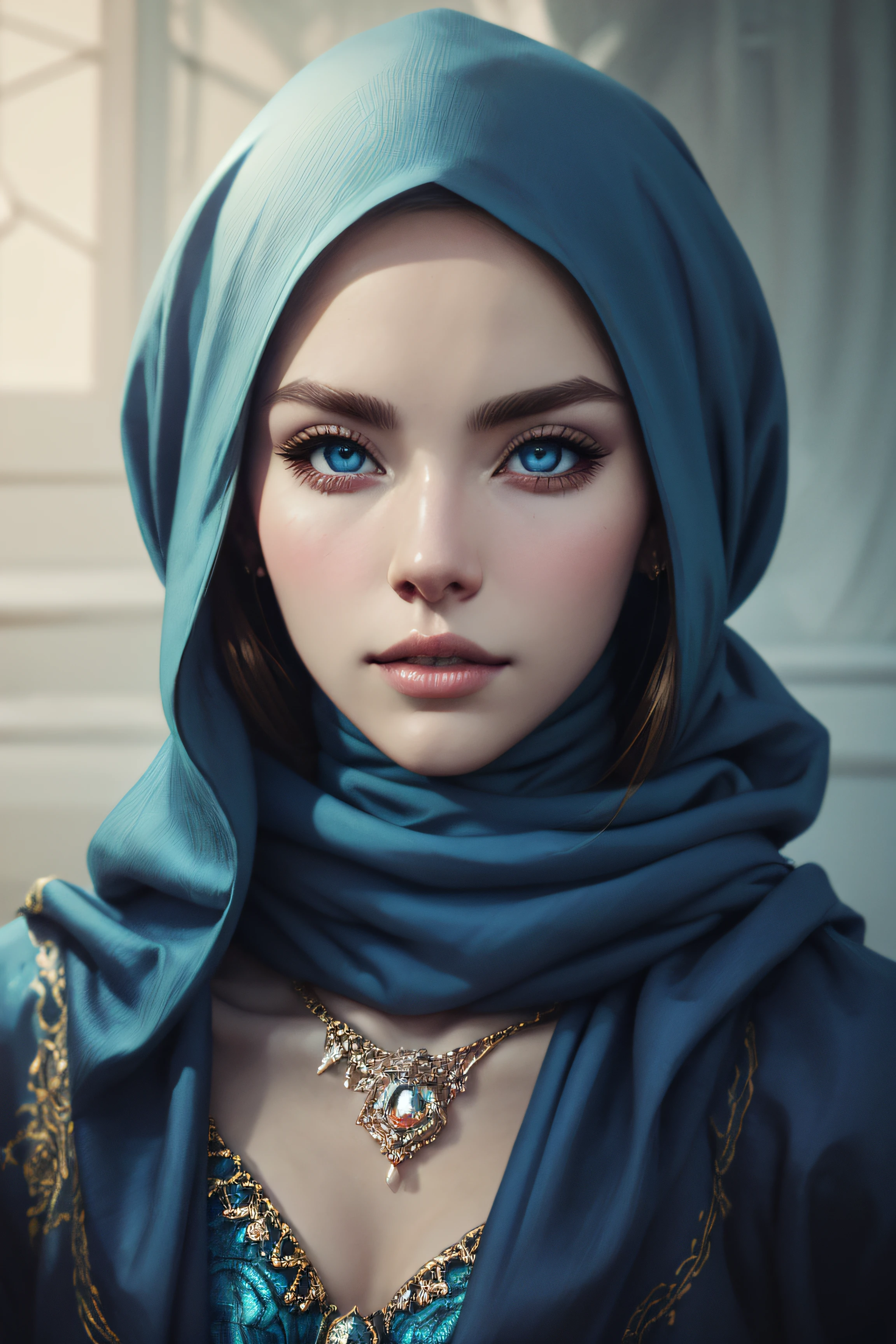 Adison Justis, sexy clothes, wearing a hijab made of blue with jewelry and diamonds, character portrait, 4 9 9 0 s, long hair, intricate, elegant, highly detailed, digital painting, artstation, concept art, smooth, sharp focus, illustration, art by wlop, charlie bowater and alexandra fomina