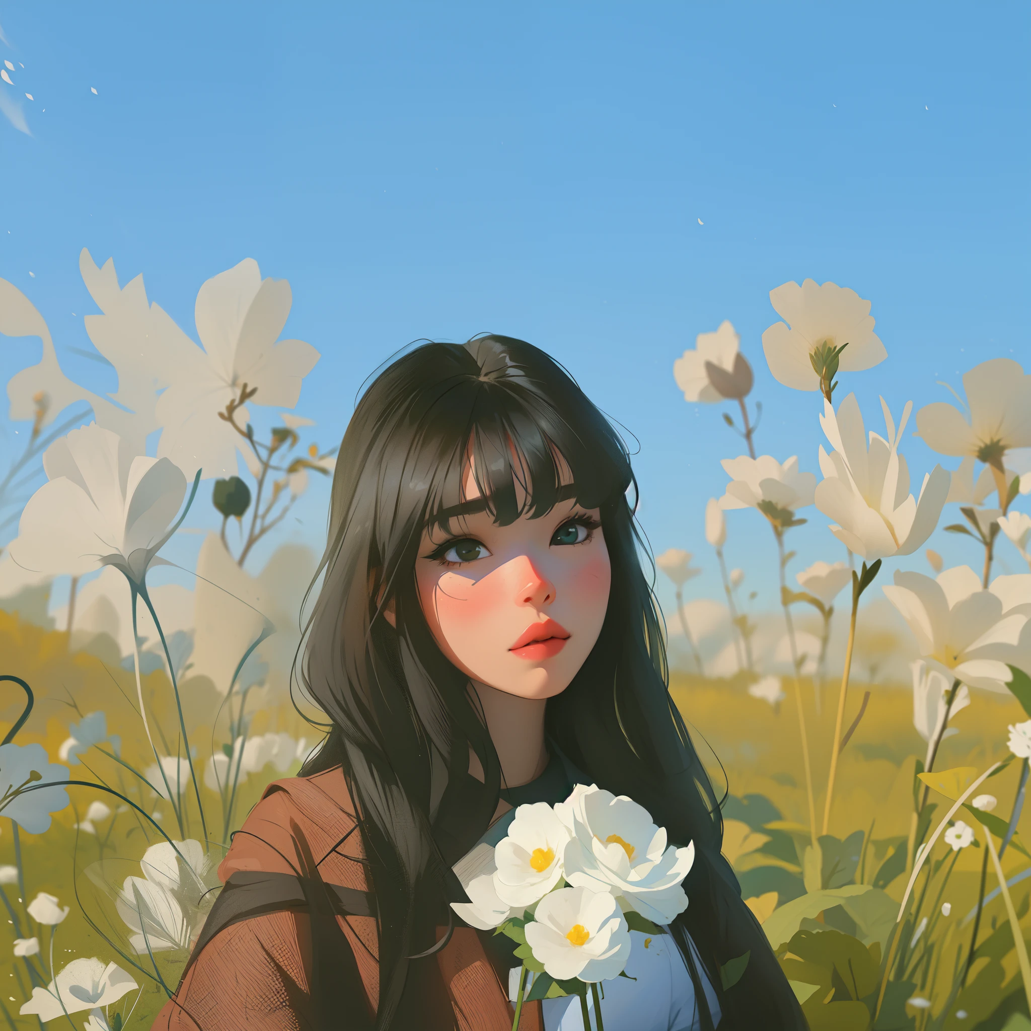 Une femme âgée avec de longs cheveux noirs tenant une fleur blanche, Ulzzang, avec des fleurs gelées autour d&#39;elle,  Mignon,  Avec des fleurs, fille lofi aesthetic, fille lofi, esthétique,  Portrait de Lofi, avec une frange complète,