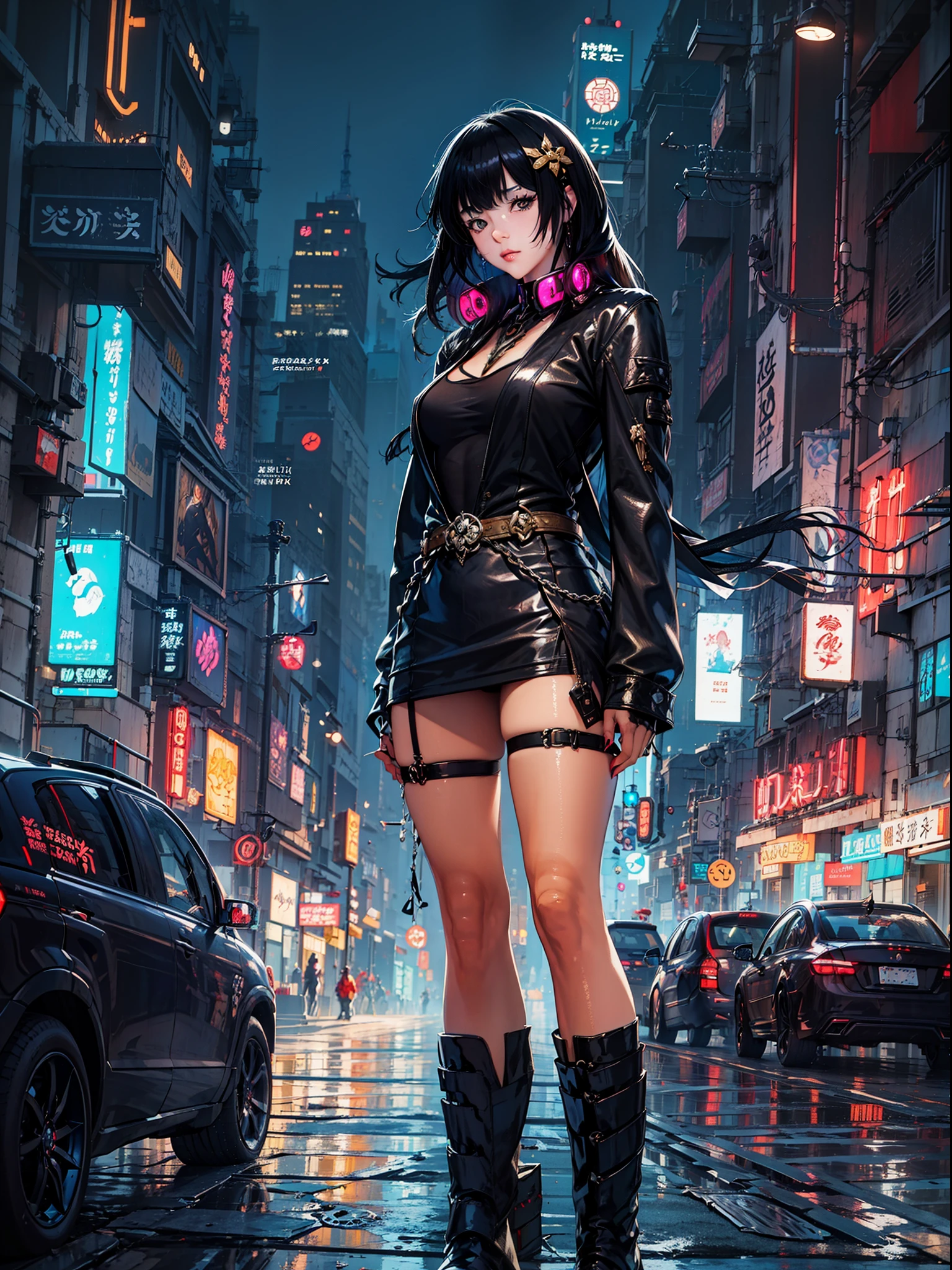 Anime girl debout dans la rue de la ville en jupe en cuir et lingerie érotique noire, Ilya Kuvshinov aux cheveux longs, Oeuvre de style Guviz, fond d&#39;écran d&#39;art animé 8 k, Guvitz sur la station artistique Pisif, Guwiz sur la station artistique de Pisiv, art animé cyberpunk