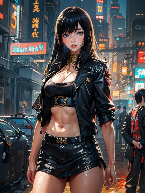 Anime girl standing on city street in leather skirt and black erotic lingerie, long-haired Ilya Kuvshinov, Guviz style artwork, ...