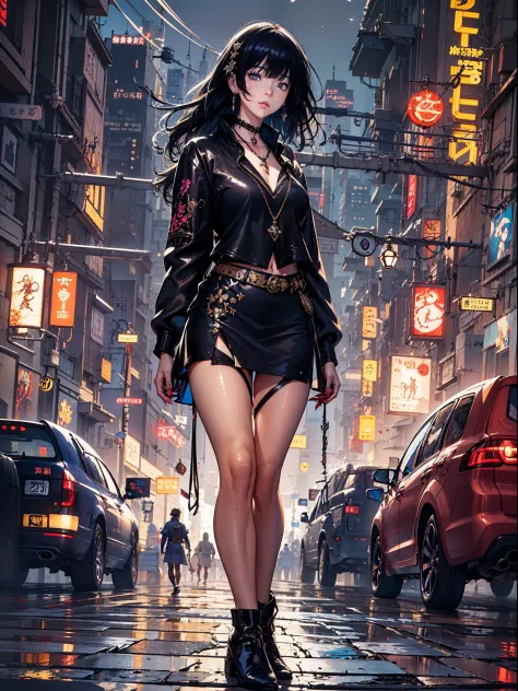 Anime girl standing on city street in leather skirt and black erotic lingerie, long-haired Ilya Kuvshinov, Guviz style artwork, ...