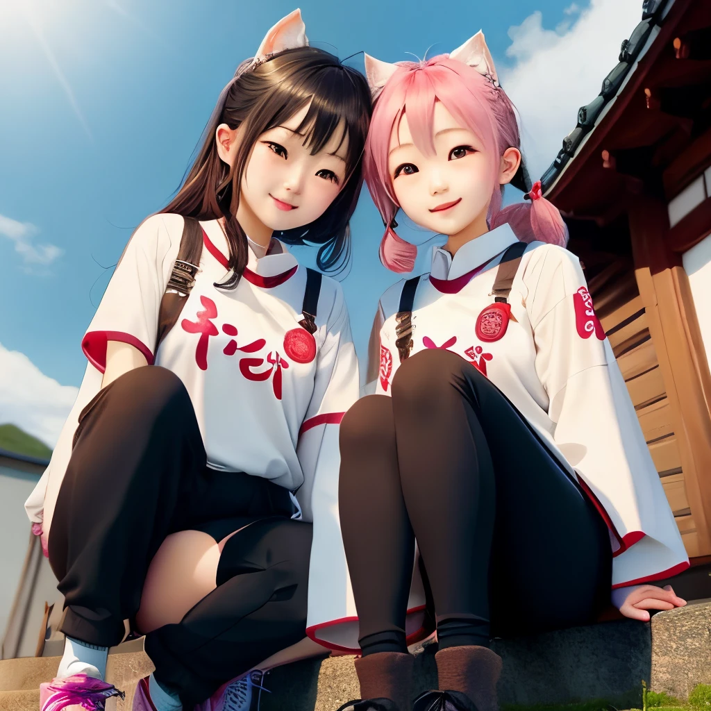 Two girls in anime costumes sitting on a stone bench - SeaArt AI