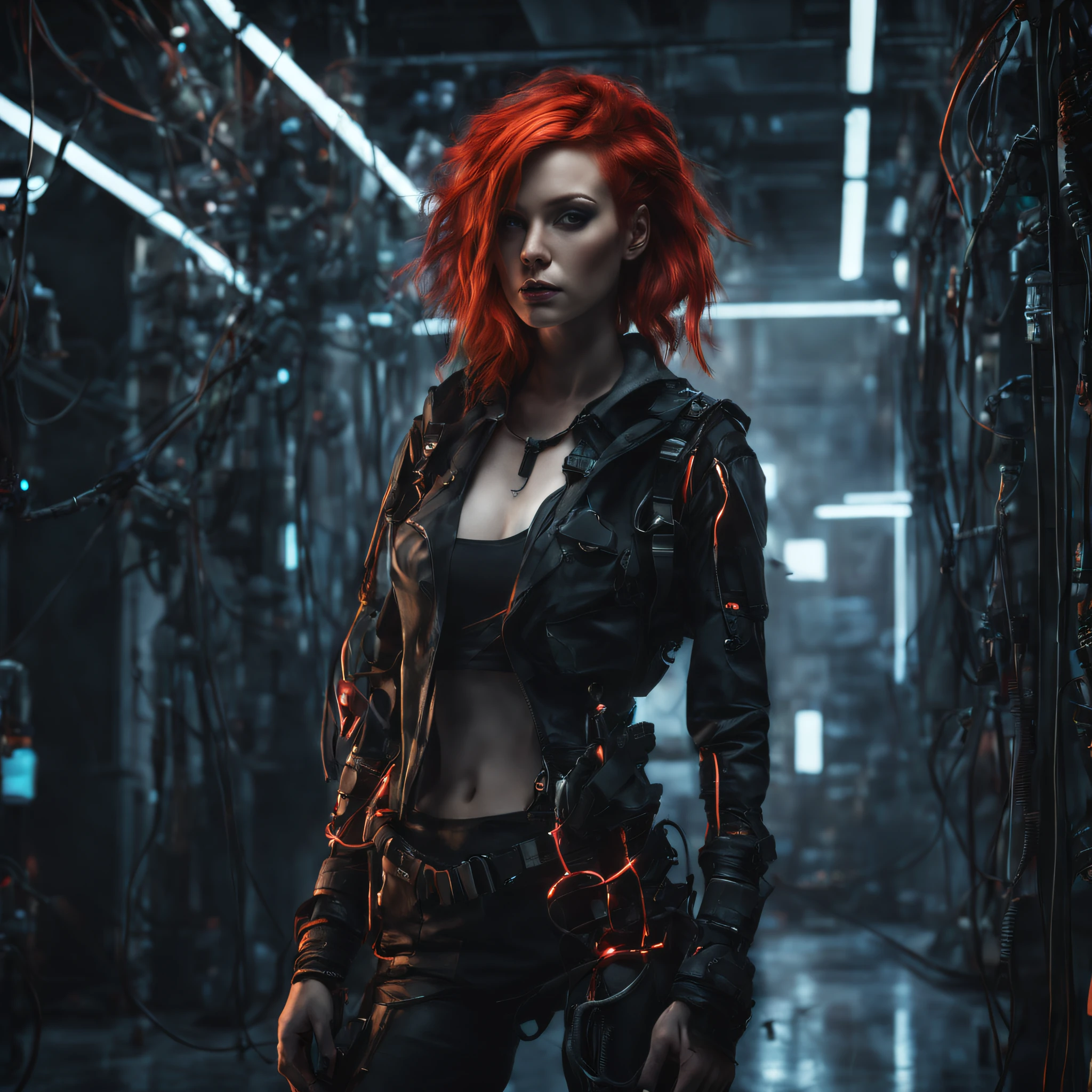 A woman with red hair, in a cybernetic style, with a dark face, with loose Android cables, in a dark and terrifying modern environment, with a hyper realism style detailed with 8k