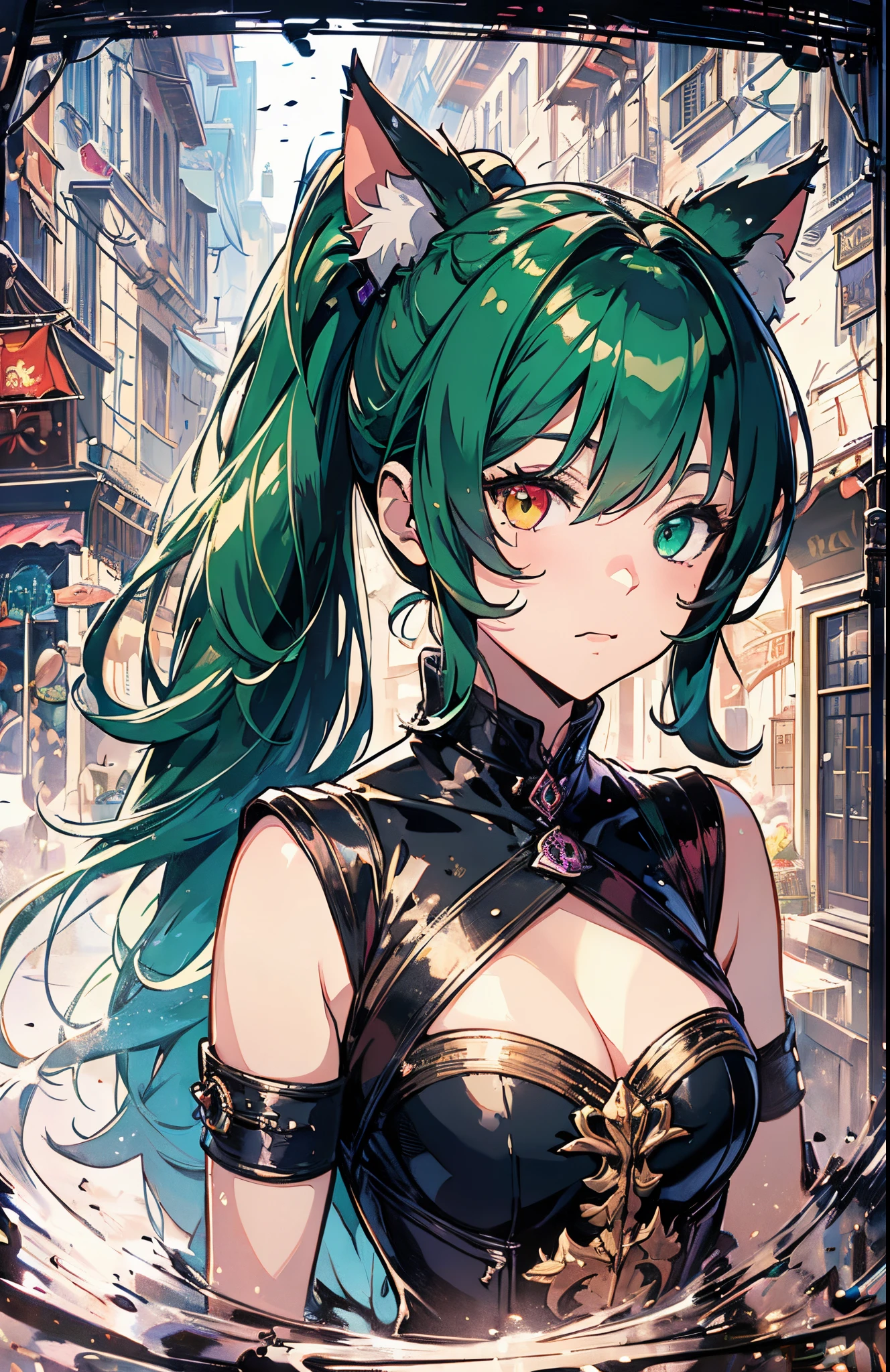 masterpiece, highly detailed, concept art, medium shot, anime style, (catgirl:1.4), cat ears, (heterochromia eyes:1.2), (violet and green multi-colored ponytail hair), cute, Leather outfit, fantasy theme, bustling medieval market background, epic composition, epic proportion, Contrast, HD