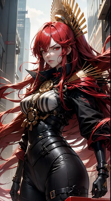 oda nobunaga, fate grand order, red hairs, red eyes, clothing of the near future, cyberpunked, skyscrapers, red bike